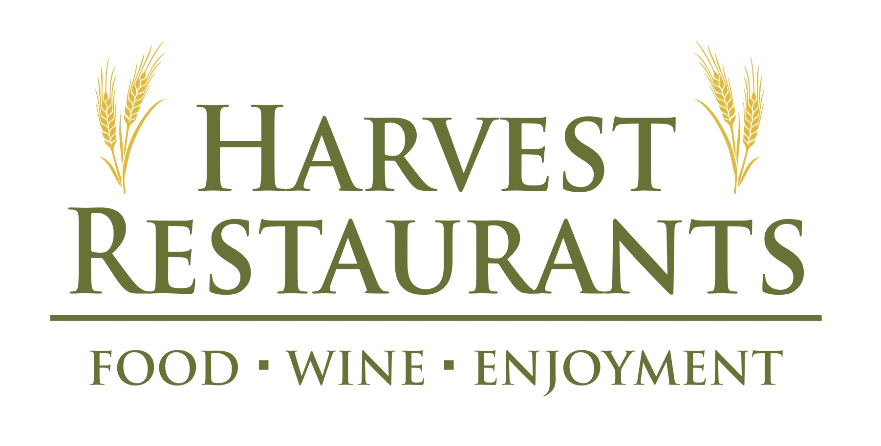 Logo. Harvest Restaurants: Food, Wine, Enjoyment displayed in green text flanked by golden wheat shafts.