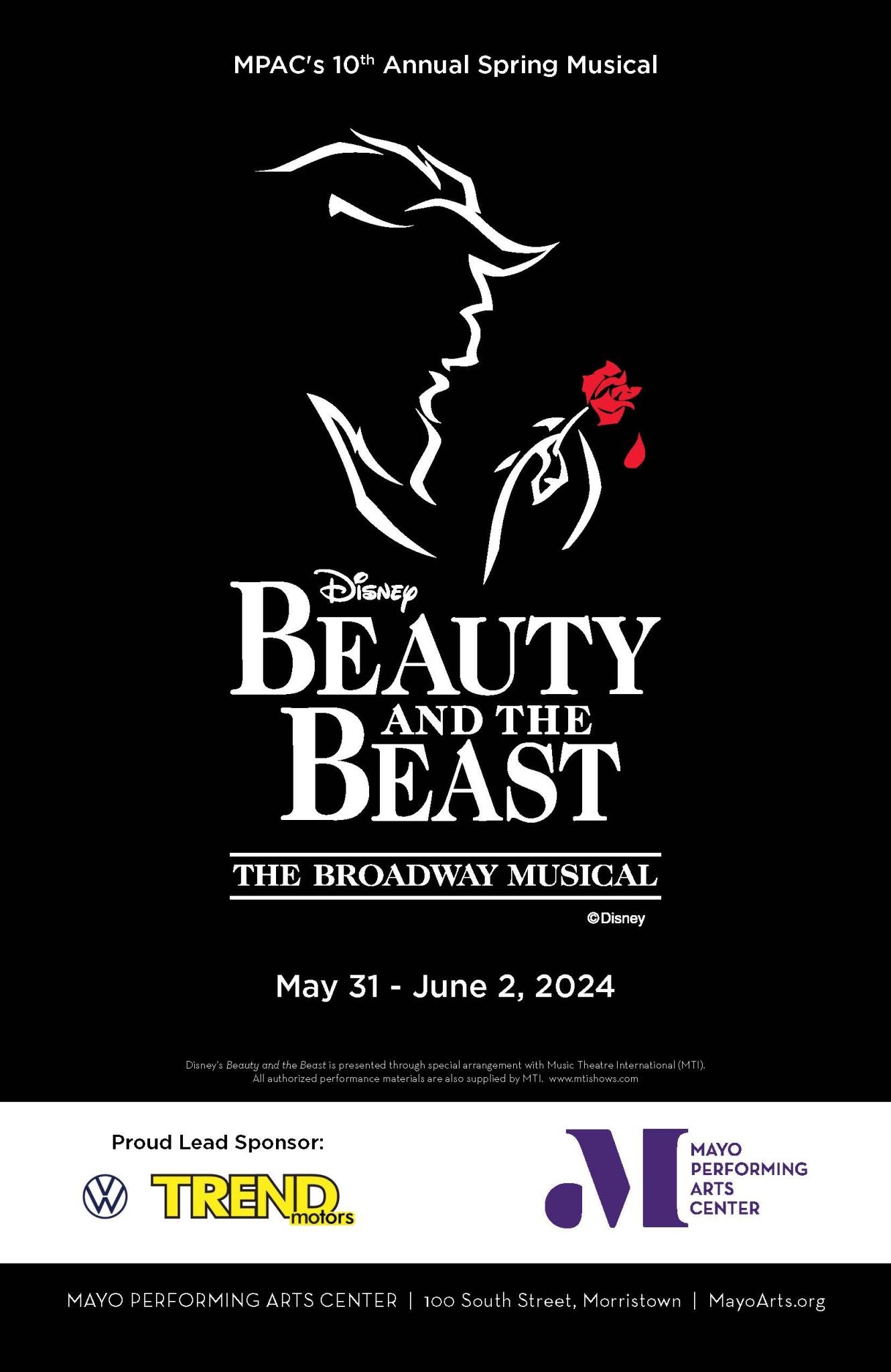Program cover for MPAC's presentation of Disney's Beauty and the Beast - May 31 - June 2, 2024
