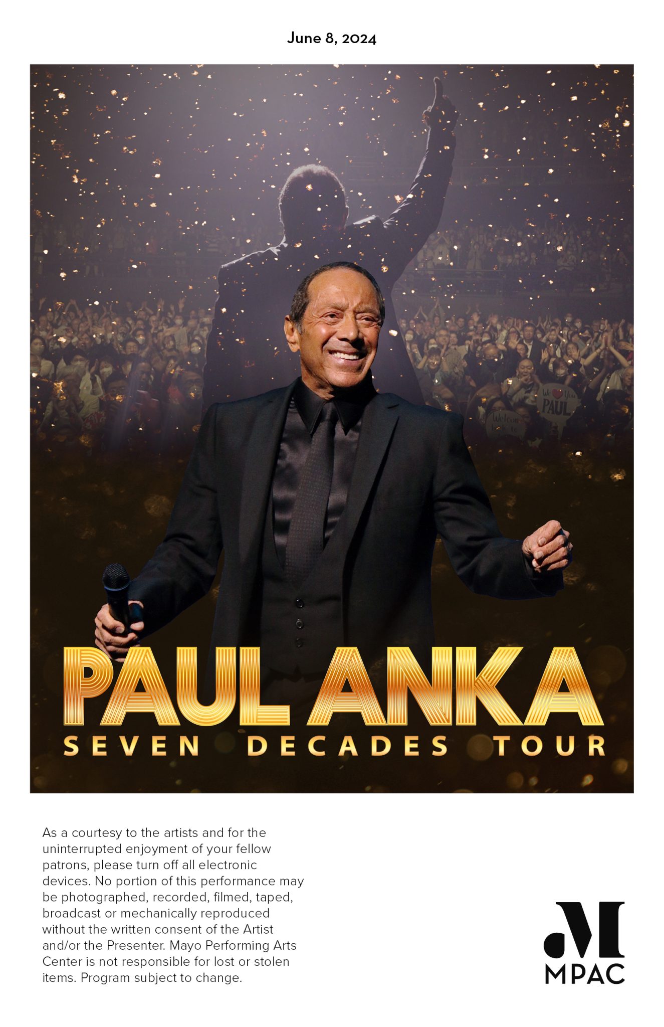 Program cover for Paul Anka performance at Mayo Performing Arts Center